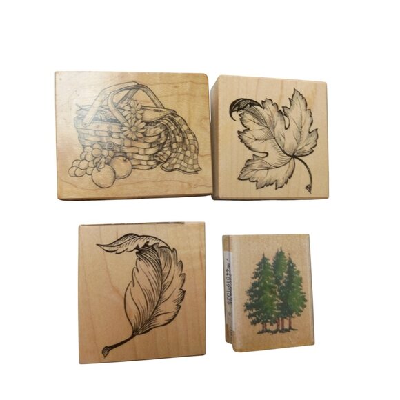 Set Of 4 Vintage PSX Rubber Stamps On Wood Blocks Featuring Basket Leaf Feather - Picture 1 of 7